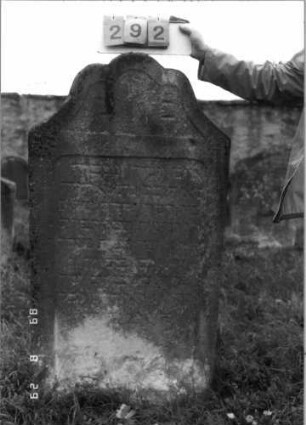 Grabstein 292 (Index: 100107691) Material: heller Sandstein Zustand: stark verwittert und versalzen, weitgehender Textverlust Maße HxBxT: 147x75x12 cm Beschreibung: Stele, Abschluß: Sonderform (rund eingezogener Kleeblattbogen), Schriftfeld rechteckig eingetieft: Grabstein 292
