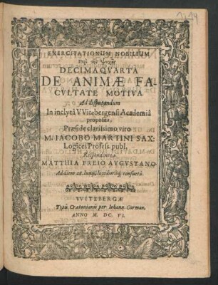 Exercitationum Nobilium Peri tēs Psychēs Decimaquarta De Animae Facultate Motiva