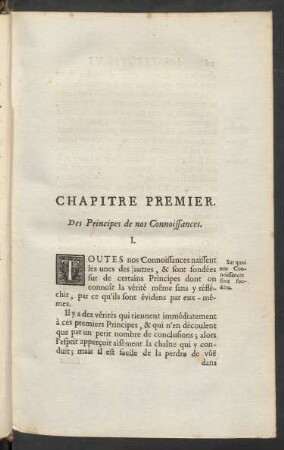 Chapitre Premier. Des Principes de nos Connoissances.