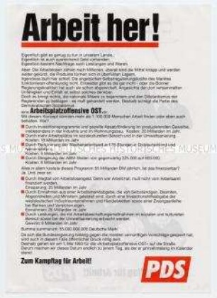 Illustriertes Flugblatt der PDS zur Arbeitsmarktpolitik