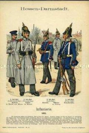 Uniformdarstellung, Hoboist, Gemeiner, Hornist, Offizier und Scharfschütze verschiedener Infanterie-Regimenter, Großherzogtum Hessen-Darmstadt, 1852.