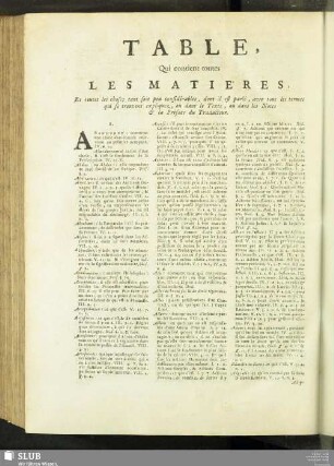 Table, Qui contient toutes Les Matieres, Et toutes les choses tant soit peu considérables, dont il est parlé, avec tous les termes qui se trouvent expliquez, ou dans le Texte, ou dans les Notes & la Préface du Traducteur