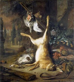 Stillleben mit totem Hasen und Vögeln
