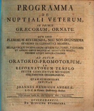Programma De Nuptiali Veterum, In Primis Graecorum, Ornatu