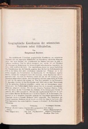 XV. Geographische Koordinaten der seismischen Stationen nebst Hilfstabellen
