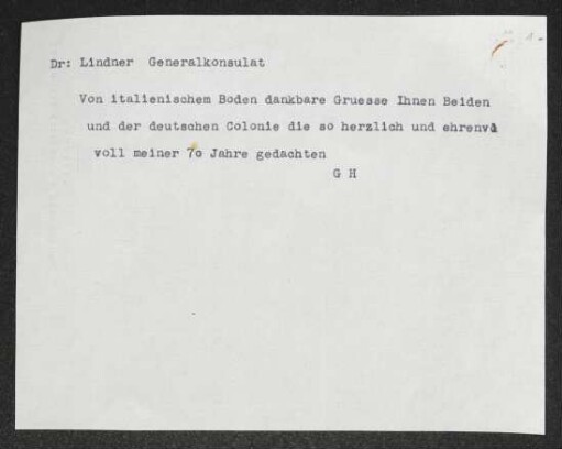 Brief von Gerhart Hauptmann an Ludwig Lindner