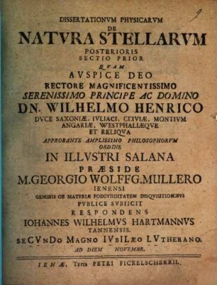 Dissertationvm Physicarvm De Natvra Stellarvm Posterioris Sectio Prior