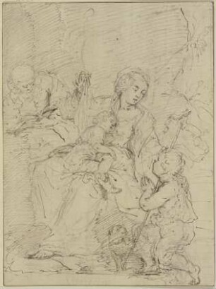 Die Heilige Familie, der Heilige Joseph liest in einem Buch, der Johannesknabe betet das Jesuskind an
