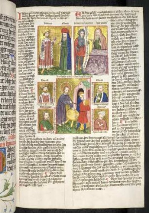 (1) Antitypus: Christus treibt die Wechsler aus dem Tempel; (2) Typus: Darius erlaubt den Wiederaufbau des Tempels; (3) Typus: Judas Makakabäus befiehlt den Tempel zu reinigen; Propheten-Brustbild