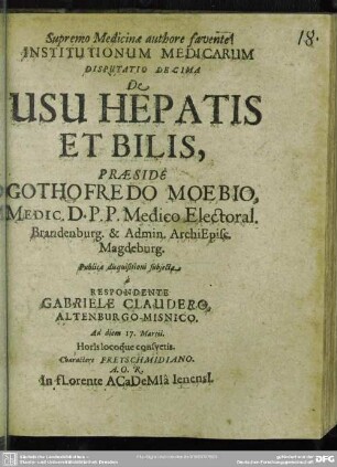 10: Institutionum Medicarum Disputatio ... De Usu Hepatis Et Bilis