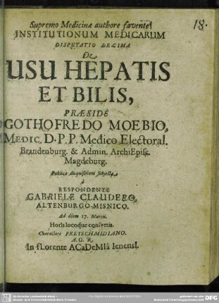 10: Institutionum Medicarum Disputatio ... De Usu Hepatis Et Bilis