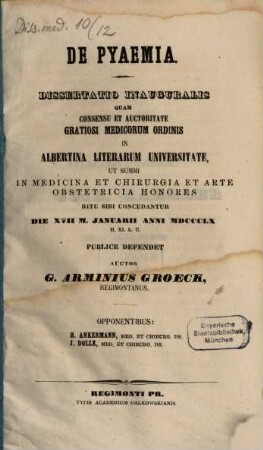 De pyaemia : dissertatio inauguralis