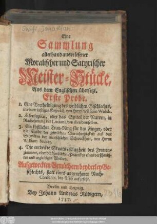 Probe 1: Eine Sammlung allerhand auserlesener Moralischer und Satyrischer Meister-Stücke : Aus dem Englischen übersetzt ..