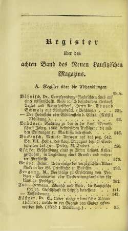 Register über den achten Band des Neuen Lausitzischen Magazins
