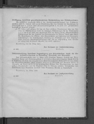 Verfügung, betreffend grundbuchrechtliche Beschränkung von Militärpersonen.