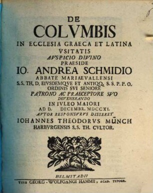 De Colvmbis In Ecclesia Graeca Et Latina Vsitatis