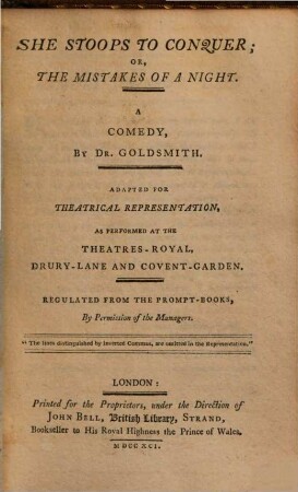 She stoops to conquer or the errors of a night : a Comedy