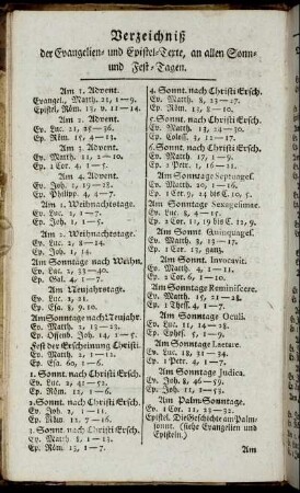 Verzeichniß der Evangelien- und Epistel-Texte, an allen Sonn- und Fest-Tagen.