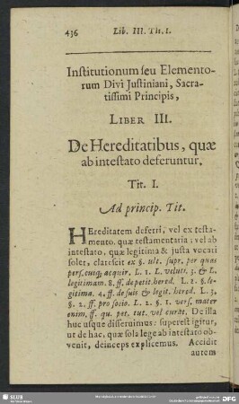 Institutionum seu Elementorum Divi Iustiniani Sacratissimi Principis, Liber III.