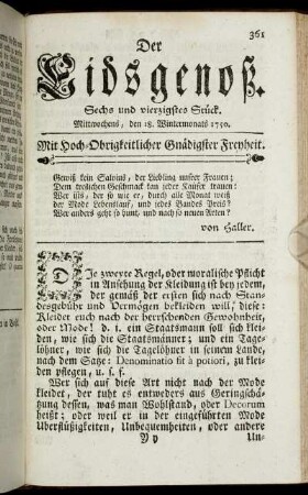 Sechs und vierzigstes Stück. Mittwochens, den 18. Wintermonats 1750.