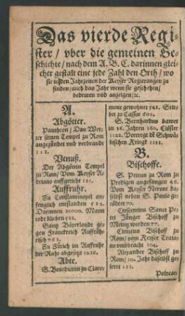 Das vierde Register/ uber die gemeinen Geschichte/ ...