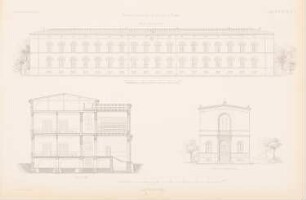 Sommerlazarett der Charité, Berlin: Ansichten, Schnitt (aus: Atlas zur Zeitschrift für Bauwesen, hrsg. v. G. Erbkam, Jg. 3, 1853)