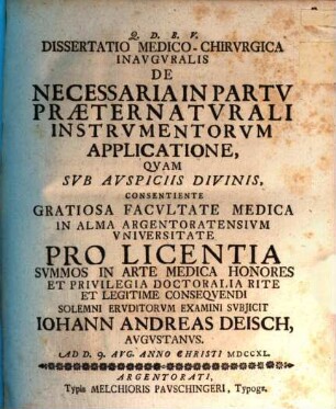 Dissertatio Medico-Chirvrgica Inavgvralis De Necessaria In Partv Praeternatvrali Instrvmentorvm Applicatione