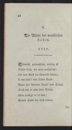 V. Die Würde des menschlichen Leibes. 1787.