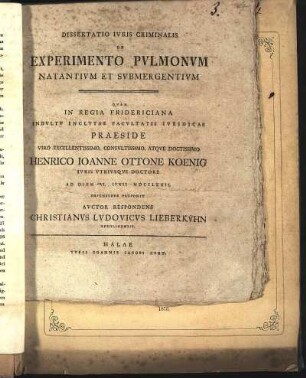 Dissertatio Ivris Criminalis De Experimento Pvlmonvm Natantivm Et Svbmergentivm