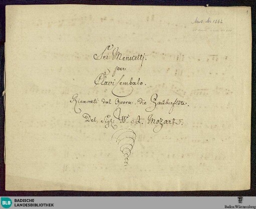 Die Zauberflöte. Excerpts. Arr - Don Mus.Ms. 1366 : cemb; KV 620