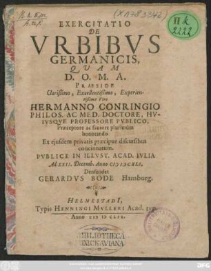 Exercitatio De Urbibus Germanicis