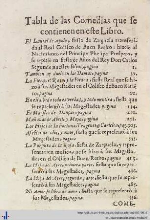 Tabla de las comedias que se contienen en este libro.