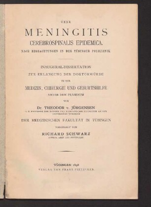 Über Meningitis cerebrospinalis epidemica : nach Beobachtungen in der Tübinger Poliklinik