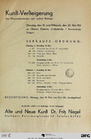 Kunst-Versteigerung : aus Museumsbeständen und andere Beiträge ; Versteigerung: 19. und 20. Mai 1931