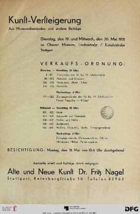 Kunst-Versteigerung : aus Museumsbeständen und andere Beiträge ; Versteigerung: 19. und 20. Mai 1931