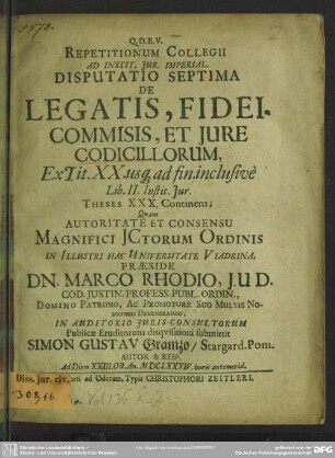 Disputatio septima de legatis, fideicommissis et jure codicillorum