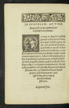 In Epistolam. Ad Timotheum posteriorem argumentum per Erasmum Roterodamum.