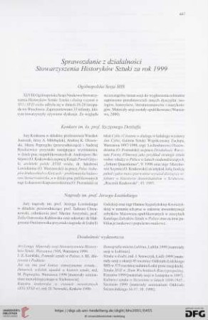 Sprawozdanie z działalności Stowarzyszenia Historyków Sztuki za rok 1999