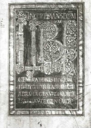 Codex Wittekindeus (Evangeliar). Anfangsworte des Matthäus-Evangeliums, "Liber" besonders hervorgehoben. fol. 15r. Goldschrift auf Purpurgrund, Pergament; 40,1 x 29,1 cm, Fulda, um 975.