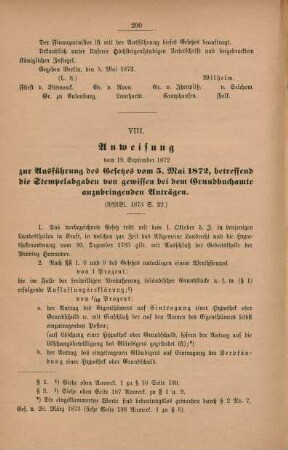 VIII. Anweisung vom 19. September 1872 zur Ausführung des Gesetzes vom 5. Mai 1872, betreffend die Stempelabgaben von gewissen bei dem Grundbuchamte anzubringenden Anträgen
