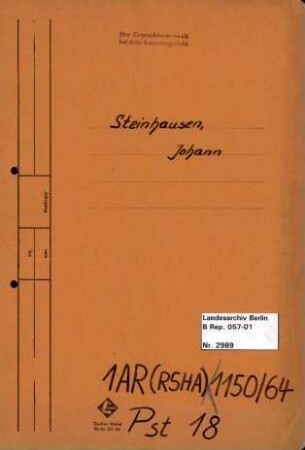 Personenheft Johann Steinhäuser (*03.01.1889), Kriminalkommissar