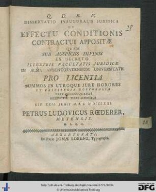 Dissertatio Inauguralis Juridica De Effectu Conditionis Contractui Appositae