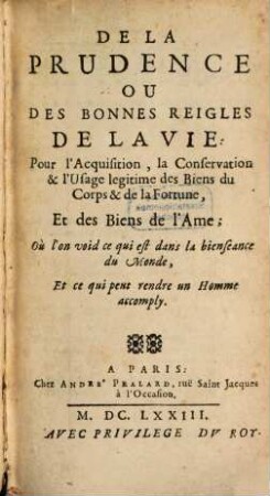 De la Prudence ou des bonnes Reigles de la Vie