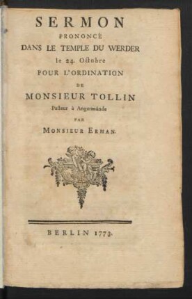Sermon Prononcé Dans Le Temple Du Werder le 24. Octobre Pour L'Ordination De Monsieur Tollin Pasteur à Angermünde