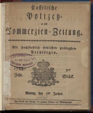 1tes Stueck, Montag den 7ten Januar. 1788