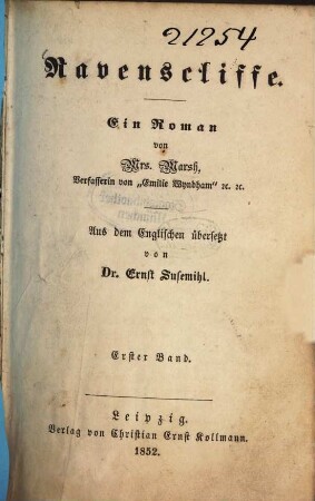 Ravenscliffe : Ein Roman von Marsh. Aus dem Englischen übersetzt von Ernst Susemihl. 1