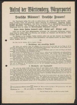 Programm der Württembergischen Bürgerpartei, "Aufruf der Württembergischen Bürgerpartei - Deutsche Männer ! Deutsche Frauen !", Württembergische Bürgerpartei, 32x24 cm