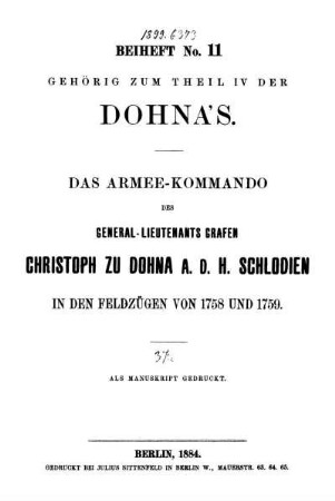 Beih. 11: Aufzeichnungen über die Vergangenheit der Familie Dohna. Beih. 11