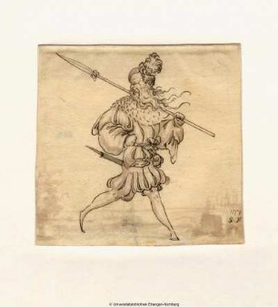 Ein nach rechts schreitender, zurückblickender Landsknecht, der auf der linken Schulter eine Lanze trägt