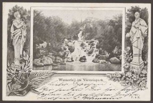 Ansichtskarte Wasserfall im Viktoriapark mit Dichterstatuen